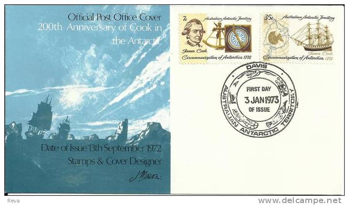 AUSTRALIA  FDC 200TH ANN. OF JAMES COOK IN ANTARTIC 2 STAMPS DATED 03-01-1973 DAVIS BASE CTO SG? READ DESCRIPTION !! - Storia Postale