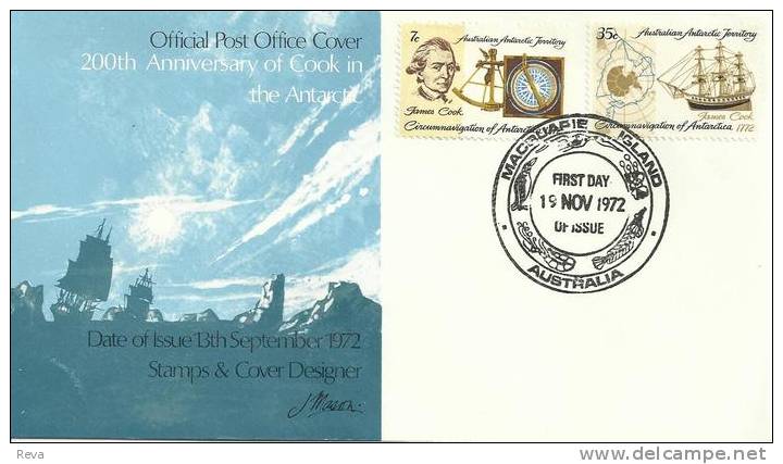 AUSTRALIA FDC 200TH ANN. OF JAMES COOK IN ANTARTIC 2 STAMPS DATED 19-11-1972 MACQUARIE BASE CTO SG? READ DESCRIPTION !! - Covers & Documents