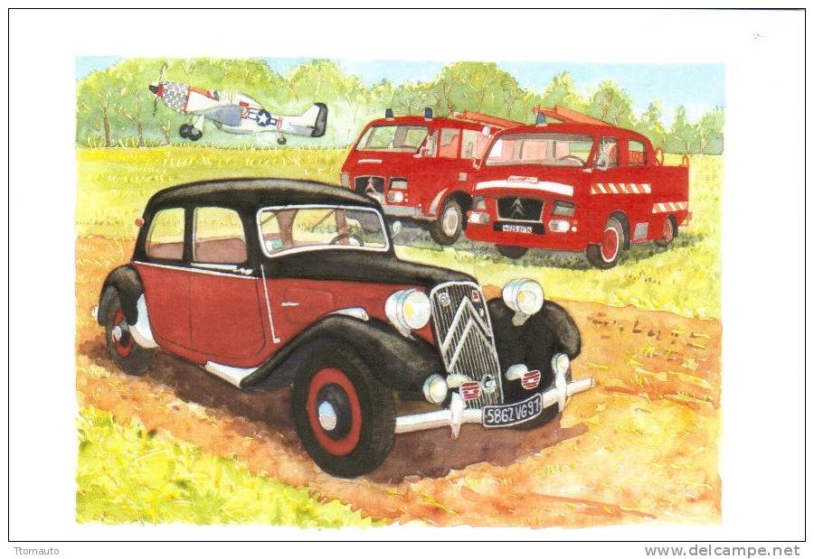 ´Traction Et Pompiers Citroen´ - Aquarelle De Jean-Luc Marsaud - Carte Postale Art - PKW