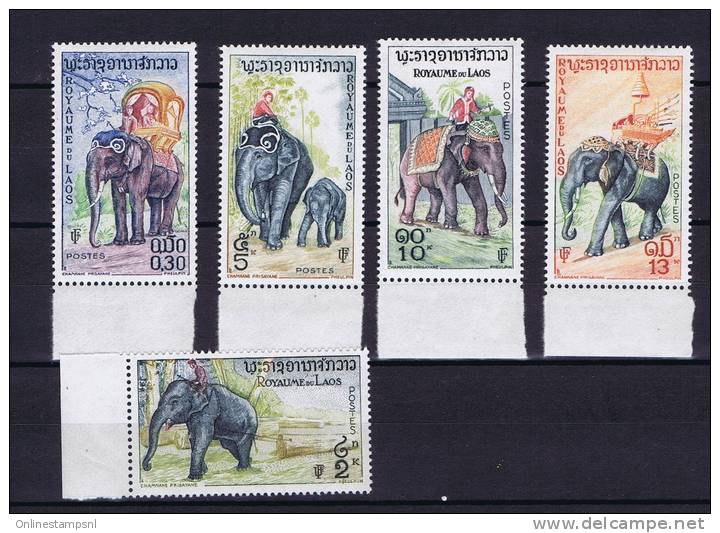 Laos, 1958 Elephants Serie 5 Highest Values Of 7, Mint Never Hinged. - Elefanti