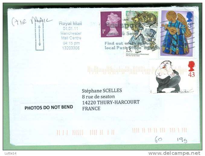 GRANDE BRETAGNE : 4 Timbres Sur Lettre : Alice - Religion Ange - Dessin Humoristique - Non Classés