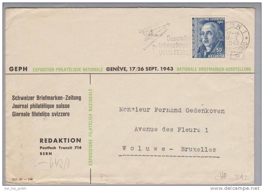 Schweiz 1943-01-12 Pro Juventute Zensurbrief Zu#104 Mi#415 30Rp. Einzelfr.Brüssel - Storia Postale