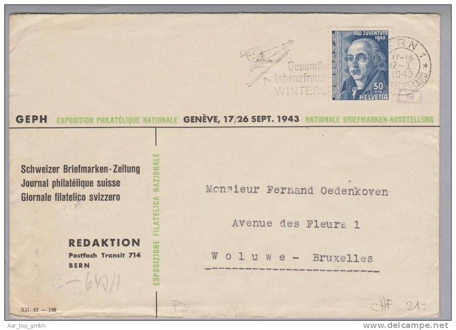 Schweiz 1943-01-12 Pro Juventute Zensurbrief Zu#104 Mi#415 30Rp. Einzelfr.Brüssel - Lettres & Documents