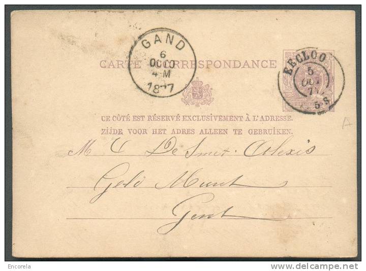 EP Carte 5 Centimes Lilas, Obl. Dc EECLOO 5 Octobre 1877 Vers Gent. N. 450 - TB Frappe - 6935 - Cartoline 1871-1909