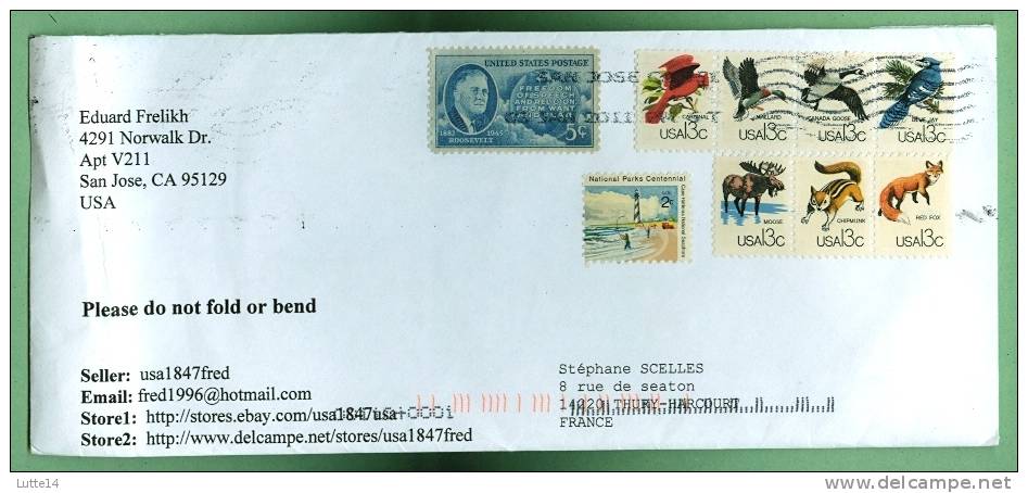 ETATS UNIS AMERIQUE : Enveloppe Timbres - Oiseau élan écureuil Renard Plage Phare Pêche Roosevelt - Lettres & Documents