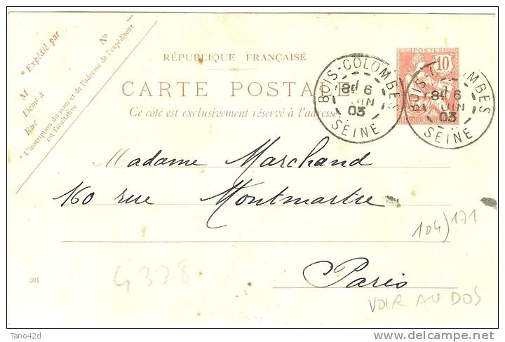 FRANCE - ENTIER POSTAL CARTE POSTALE MOUCHON RETOUCHE 10c AVEC PHOTO COLLEE AU VERSO - BOIS COLOMBES / PARIS 6/6/1903 - AK Mit Aufdruck (vor 1995)