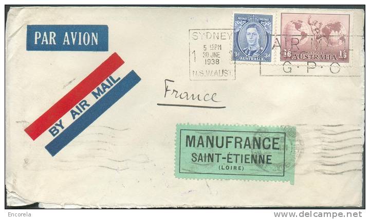 Lettre Par Avion De SYDNEY Le 30-6-1938 Vers Saint-Etienne - Verso : Dc Consulat Général De France à Melbourne - 6950 - Storia Postale