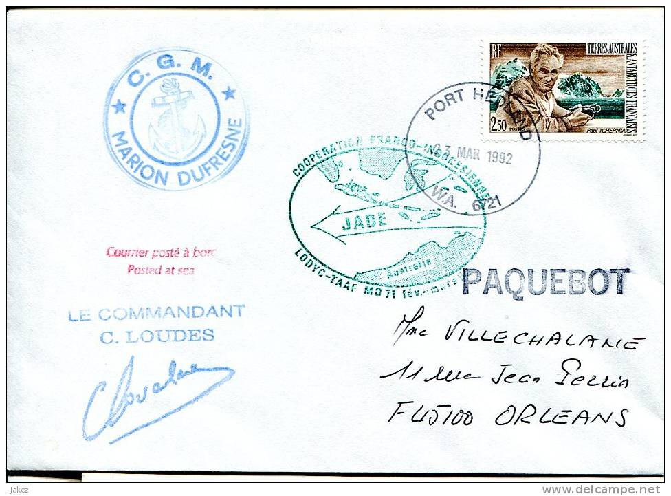 Courrier Du Marion Dufresne, Griffe PAQUEBOT, Oblitération PORT HEDLAND 1992 - Sonstige & Ohne Zuordnung