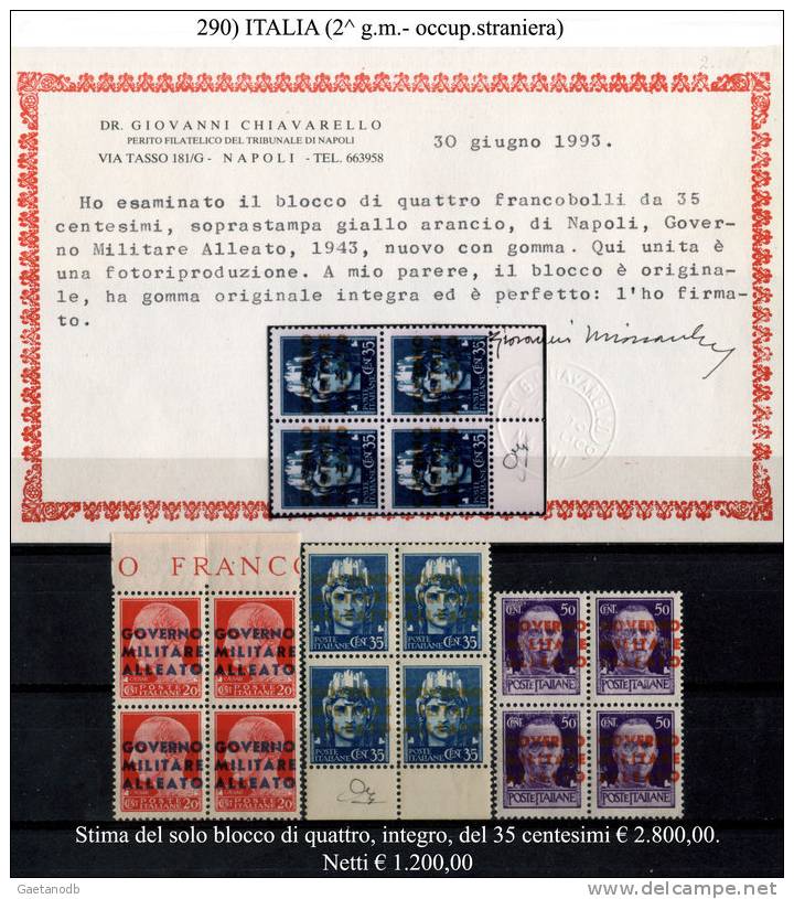 Italia-F00290 - Block Of Four Stamps Italy King 1929, Over Printing "Allied Military Government" - See Certificate. - Anglo-Amerik. Bez.: Naples