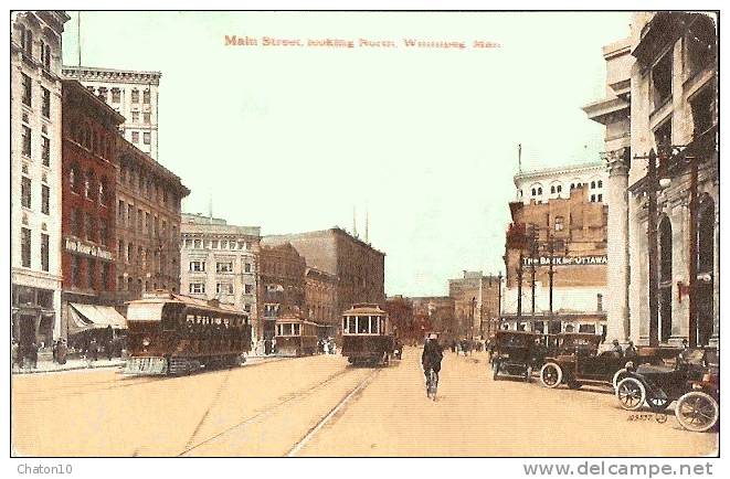 WINNIPEG - Main Street, Looking North, Winnipeg.Man (Carte Couleur Animée Avec Tram Et Véhicules Anciens) - Bon état - Winnipeg