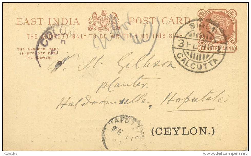 India 1898 " Military Watch " Entier Postal Prive Voyage Vers Ceylon. Horlogerie, Montre - Clocks