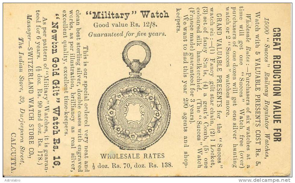 India 1898 " Military Watch " Entier Postal Prive Voyage Vers Ceylon. Horlogerie, Montre - Horloges