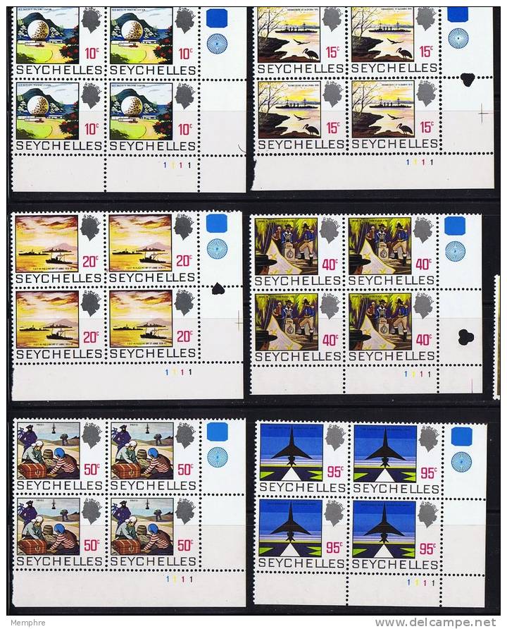 SEYCHELLES  1969 Definitives  6 Corner Blocks With Inscriptions  12 C, 15 C, 20 C, 40 C, 50 C, 95 C.  1/4 Hinged Stamp - Seychelles (...-1976)