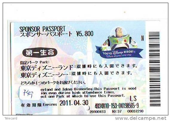 Disney * PASSPORT * Entreecard JAPON * TOKYO DISNEYLAND Passeport (749) JAPAN PASS * CINEMA * FILM * TOY STORY - Disney
