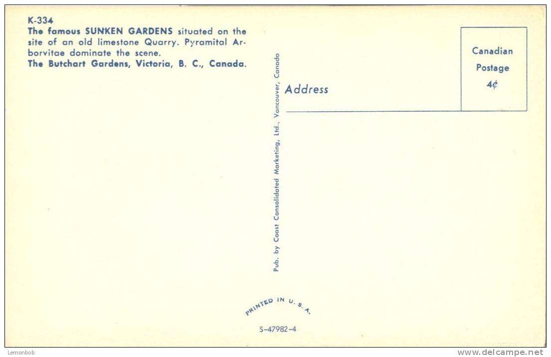 Canada – The Famous Sunken Gardens, Victoria, BC, Unused Postcard [P5028] - Victoria
