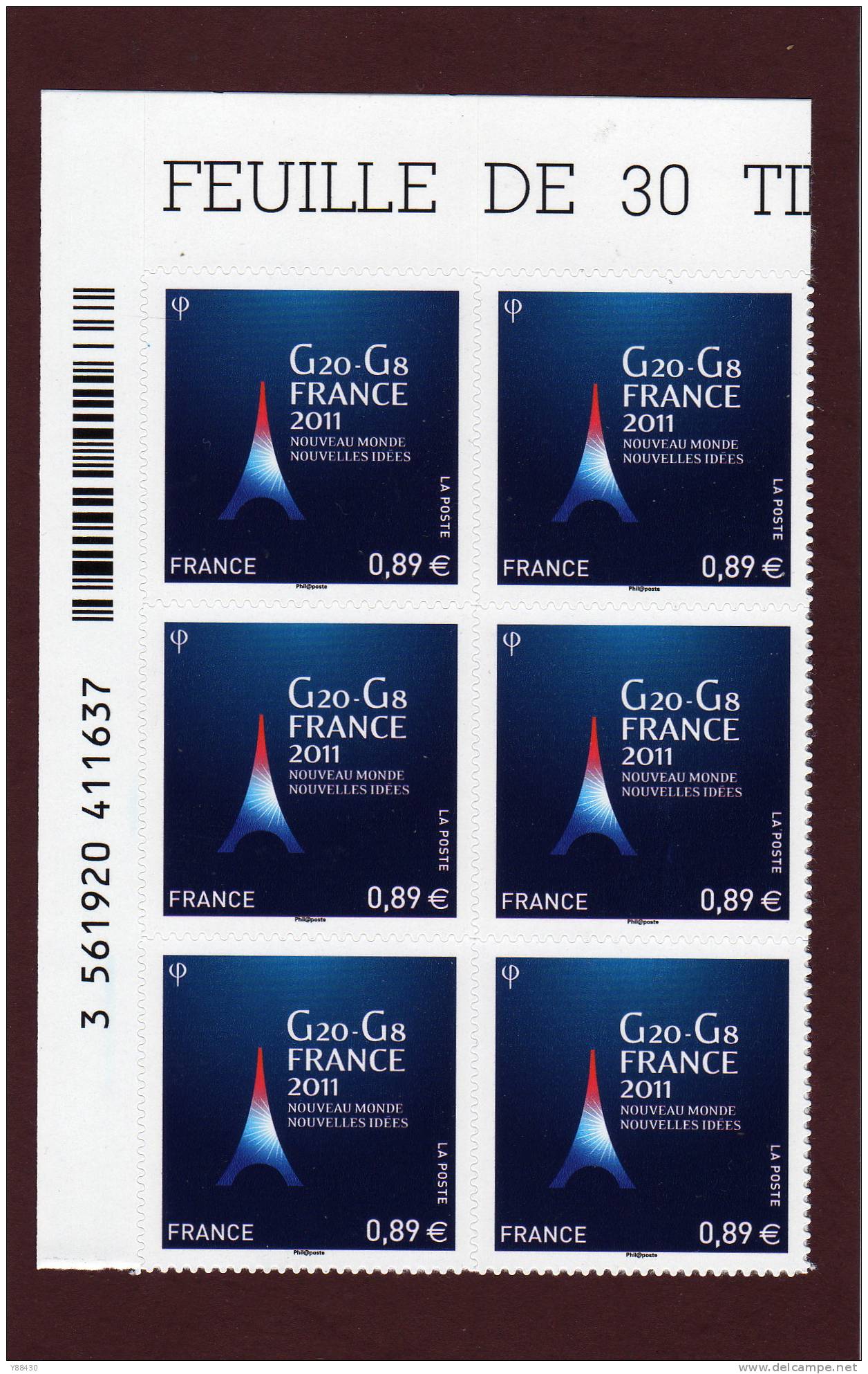 598 De 2011 - G20 & G8 - Angle De 6 Avec Code Barre - Neuf  ** - Adhésif . Provient D´une Feuille De 30  Timbres. 89c. - 2010-2019