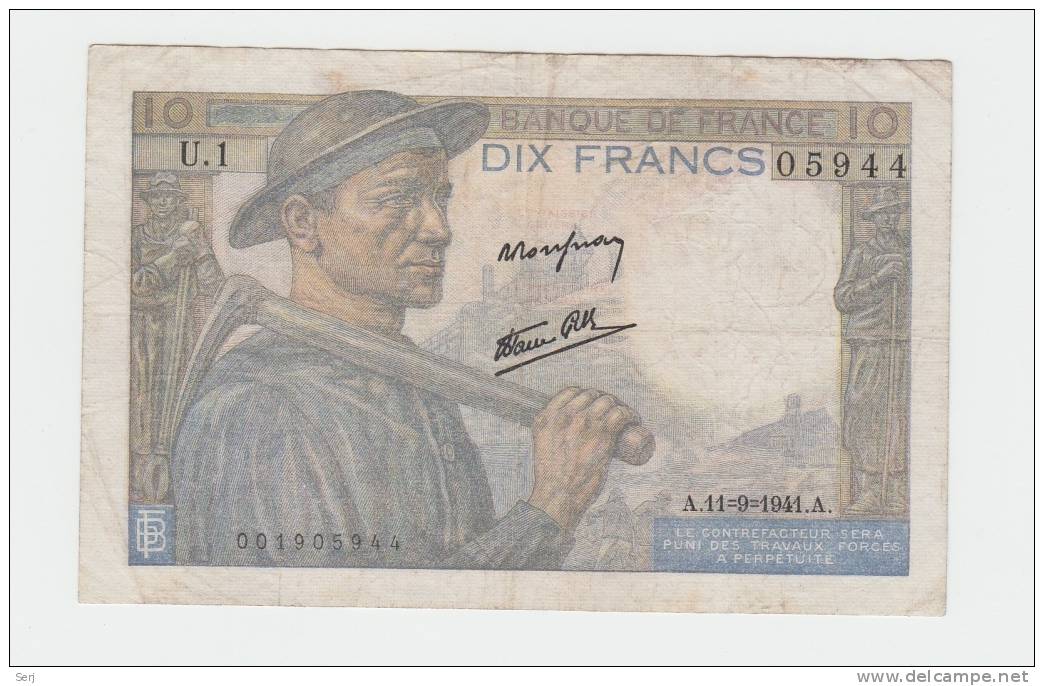 FRANCE 10 FRANCS 11=9= 1941 (RARE DATE) VF+ (No Pinholes) P 99a 99 A - 10 F 1941-1949 ''Mineur''