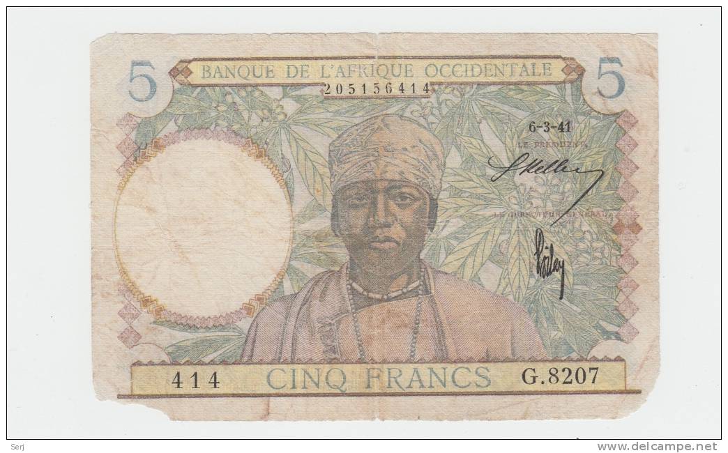 French West Africa 5 Francs 1941 "G" Banknote P 25 - Otros – Africa