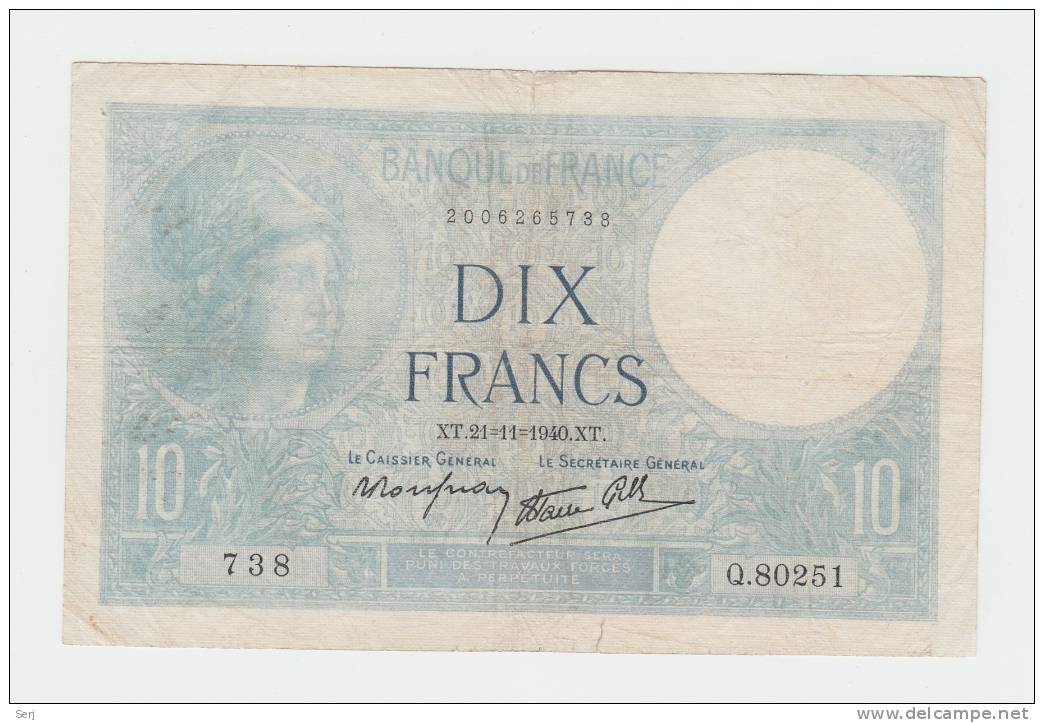 FRANCE 10 FRANCS 1939 VG P 84 - 10 F 1916-1942 ''Minerve''