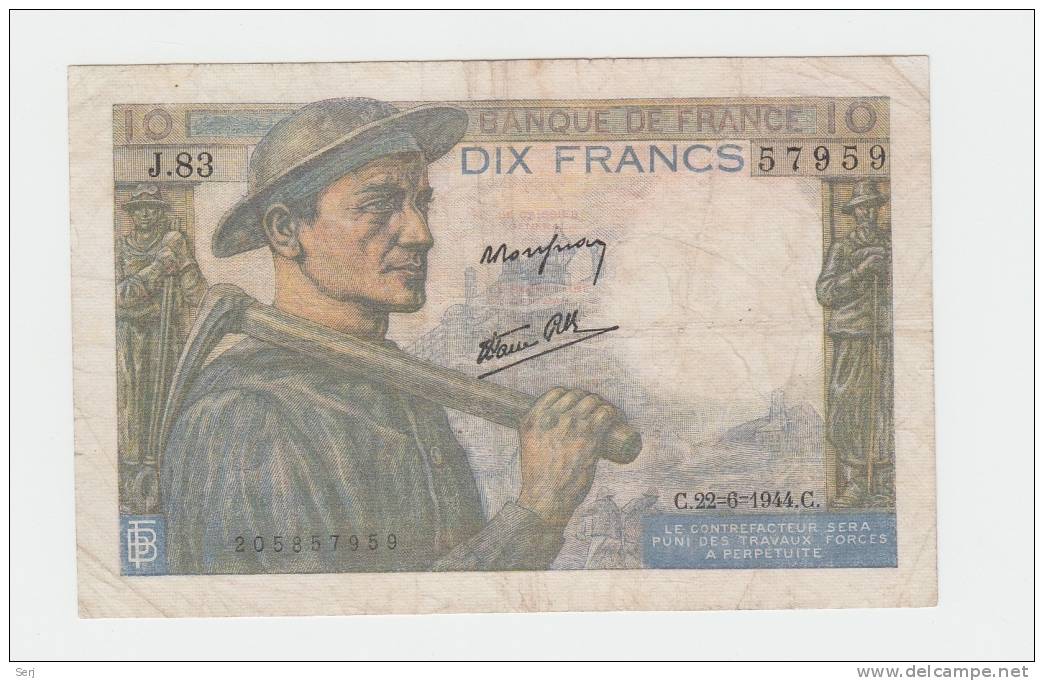 FRANCE 10 FRANCS 1944 VF+ P 99e 99 E - 10 F 1941-1949 ''Mineur''