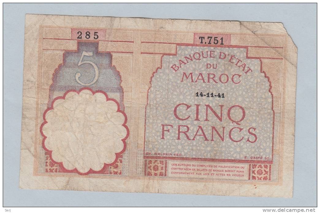 Morocco 5 Francs 14-11-1941 "G" P 23Ab 23A B - Marokko