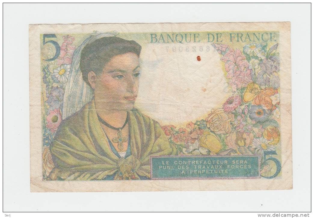 FRANCE 5 FRANCS 1943 VF+ P 98a 98 A (No Pinholes) - 5 F 1943-1947 ''Berger''