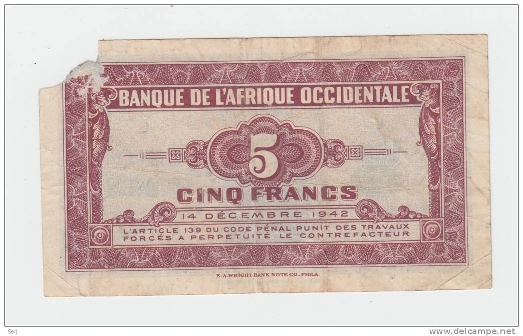 French West Africa ( L'Afrique Occidentale ) 5 Francs 1942 P 28a 28 A - Other - Africa