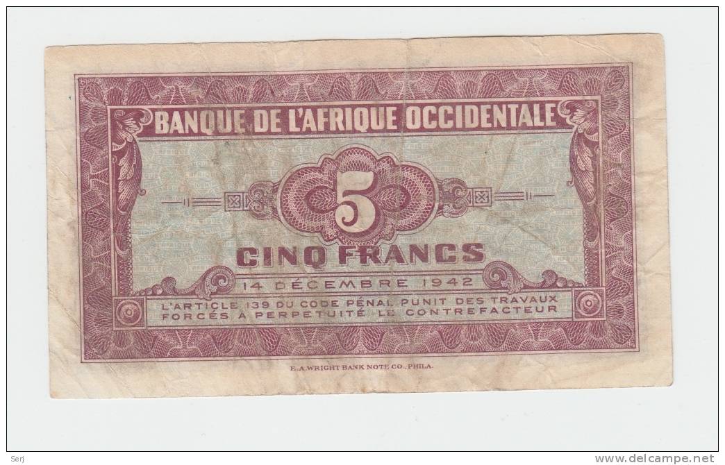 French West Africa 5 Francs 1942 VF Banknote P 28a 28 A - Autres - Afrique