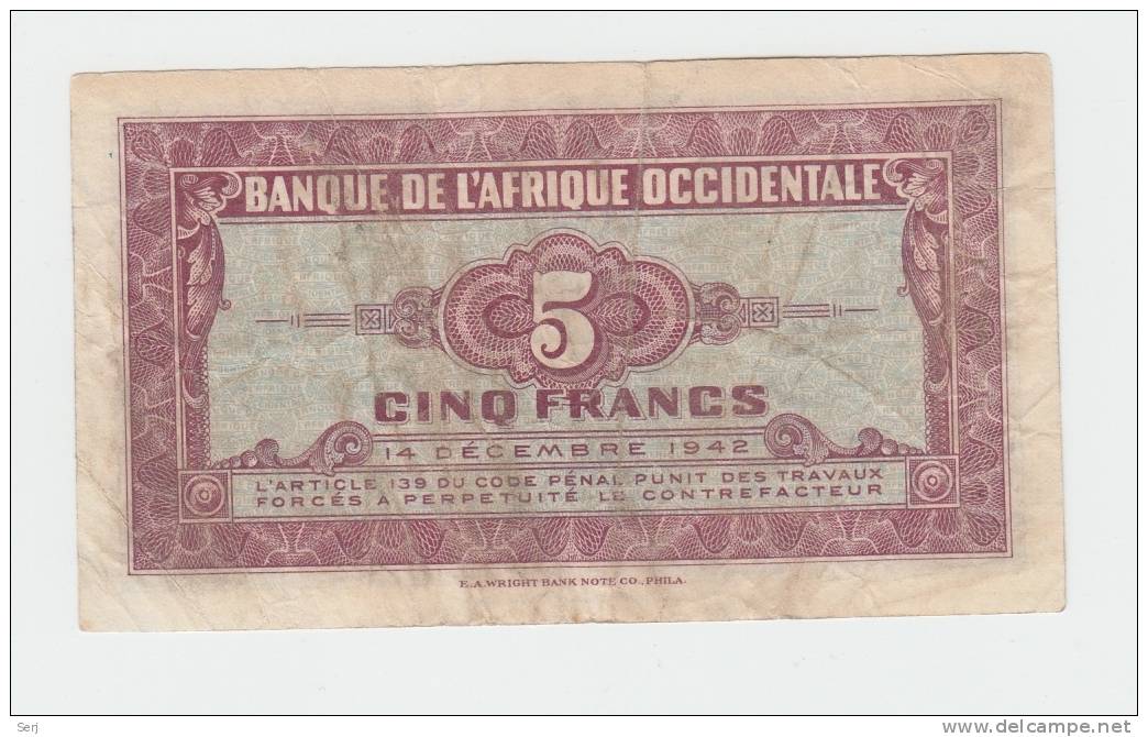 French West Africa 5 Francs 1942 VF Banknote P 28a 28 A - Altri – Africa