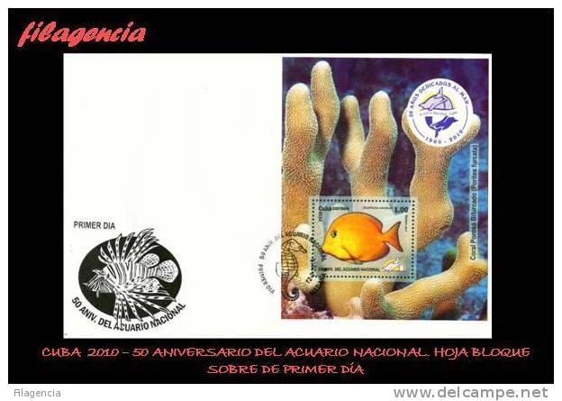 AMERICA. CUBA SPD-FDC. 2010 50 ANIVERSARIO DEL ACUARIO NACIONAL. FAUNA MARINA. PECES. HOJA BLOQUE - FDC