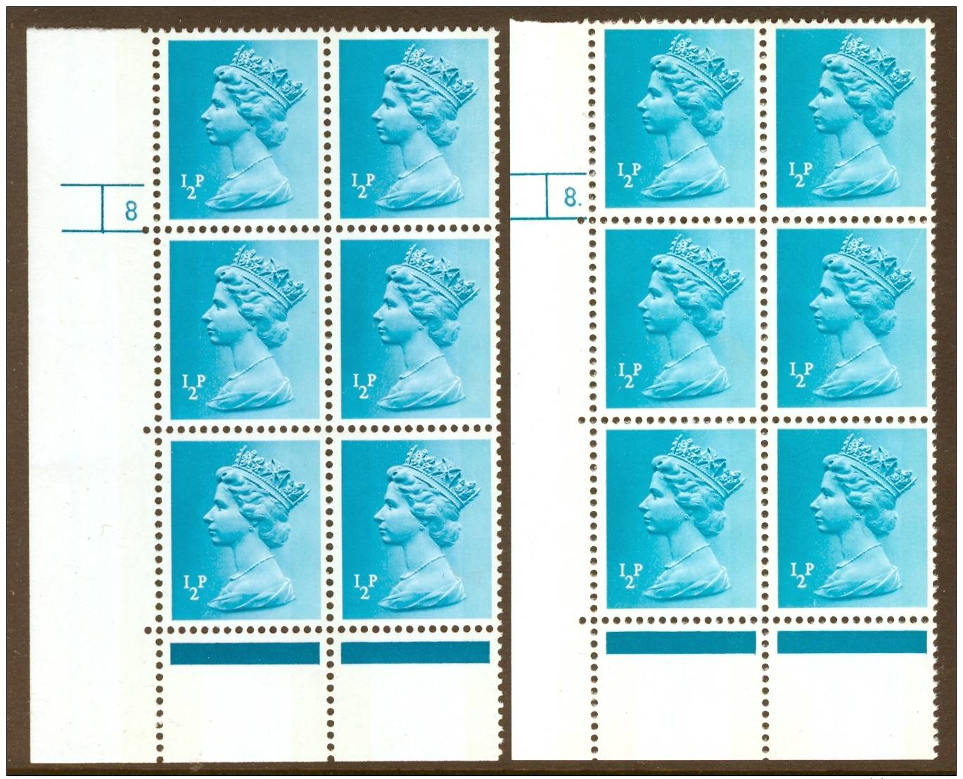 GB-MACHIN 1973 ½p. Turquoise-blue, 2B FCP DEX, Cyl. Blocks 8 ND & 8 D, Ph. 21, Perf. Type RE, XF MNH - Machin-Ausgaben
