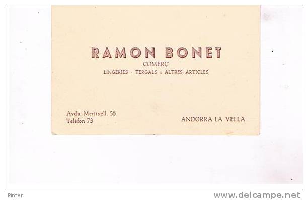 ANDORE - Carte De RAMON BONET - Commerce De Lingeries - 10.5 X 7 Cm - Andorre