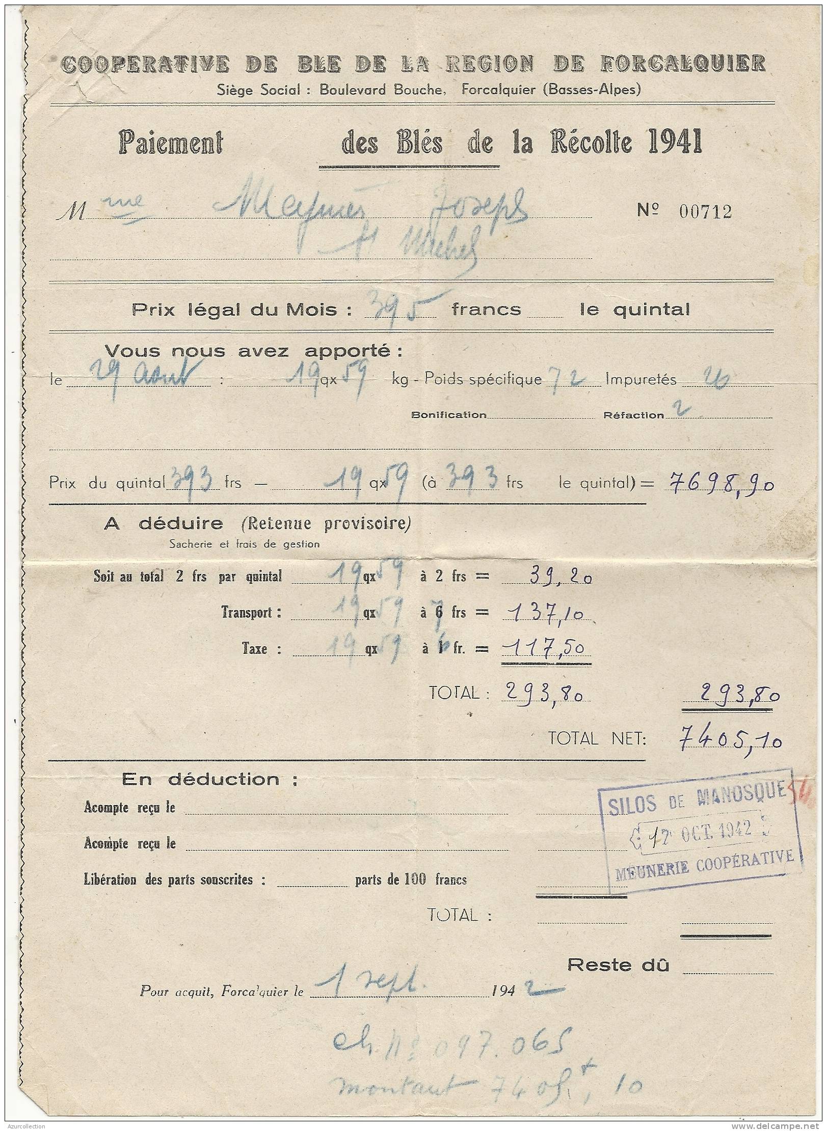 COOPERATIVE DE FORCALQUIER . 1941 - Agricoltura