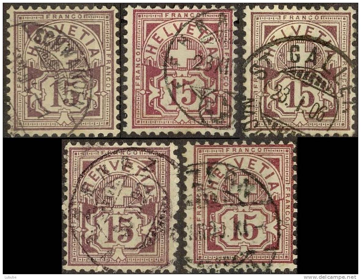 Ziffer 64B  "verschiedene Farben" (5 Stück)      1894 - 1906 - Errors & Oddities