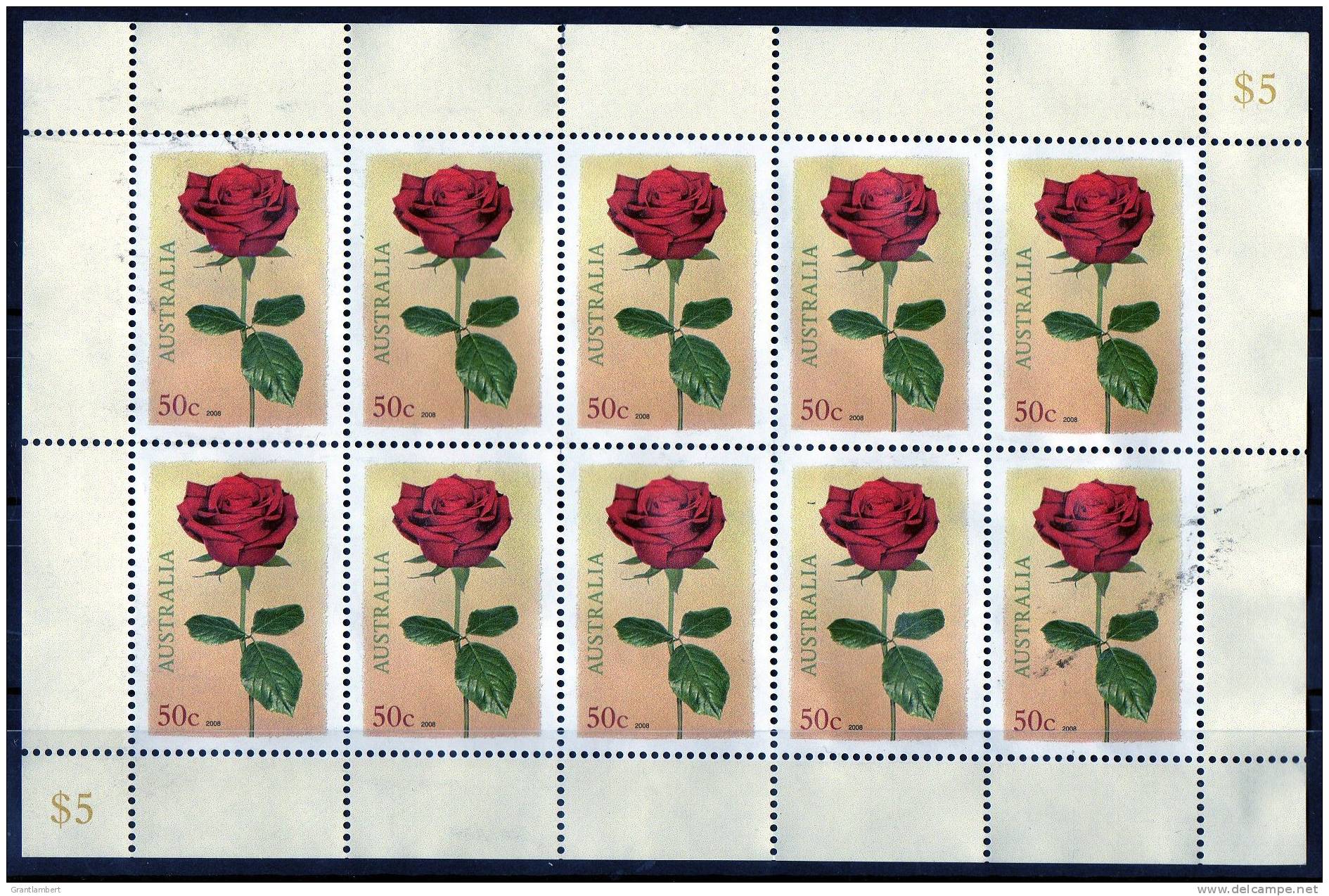 Australia 2008 50c Red Rose Sheetlet Of 10 Used  SG 2905 - Blocks & Sheetlets