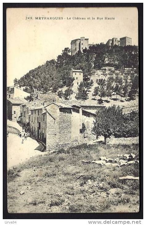 CPA  ANCIENNE- FRANCE- MEYRARGUES (13)- LE CHATEAU ET LA RUE HAUTE AVEC ANIMATION- LINGE SECHANT SUR L'HERBE - Meyrargues