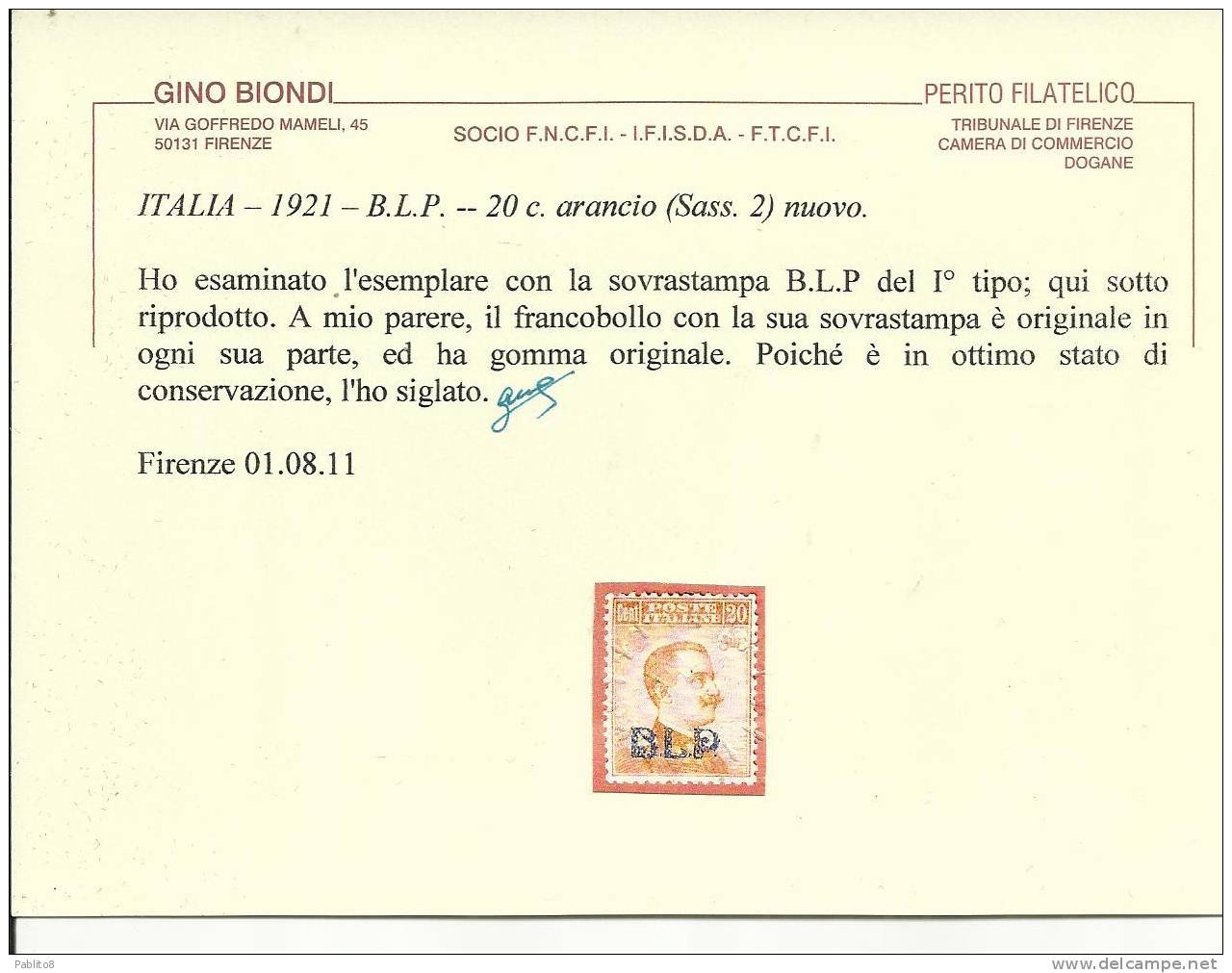 ITALY KINGDOM ITALIA REGNO 1921 BLP CENTESIMI 20 MLH CERTIFICATO OTTIMA CENTRATURA - Francobolli Per Buste Pubblicitarie (BLP)