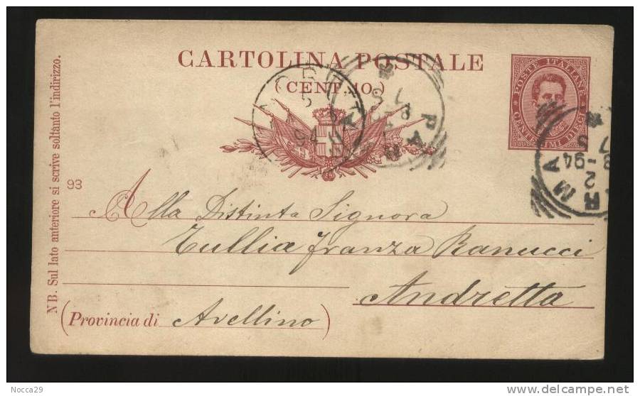 INTERO POSTALE DEL 1894 DA PARMA PER ANDRETTA (INT80) - Entiers Postaux