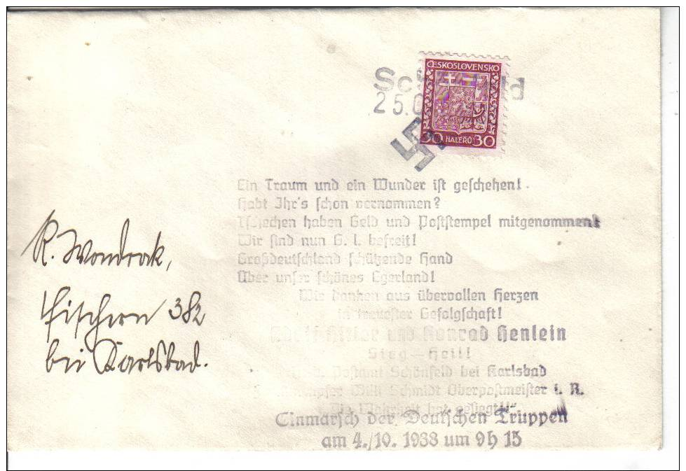 Einmarsch Der Deutschen Truppen Sudetenland -Propagandastempel/Privatstempel - Covers & Documents