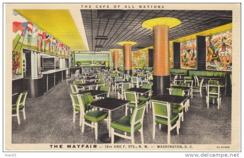 Washington DC, The Mayfair Cafe Of All Nations Restaurant Interior View On C1930s Vintage Curteich Linen Postcard - Washington DC