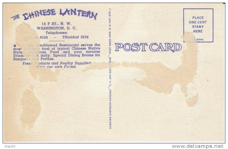 Washington DC, Chinese Lantern Restaurant On C1940s Vintage Curteich Linen Postcard - Washington DC