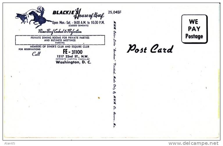 Washington DC, Blackie's House Of Beef Restaurant On C1940s/50s Vintage Postcard - Washington DC