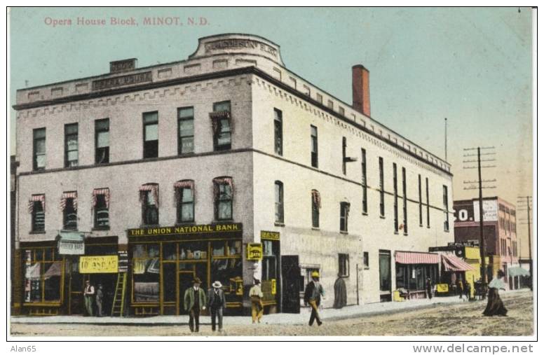 Minot ND North Dakota, Opera House Block, Union National Bank, Street Scene , 1910s Vintage Postcard - Minot