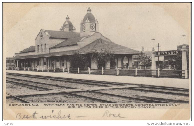 Bismark ND North Dakota, Northern Pacific Railroad Depot, Train Station, RPO Cancel, 1900s Vintage Postcard - Bismark