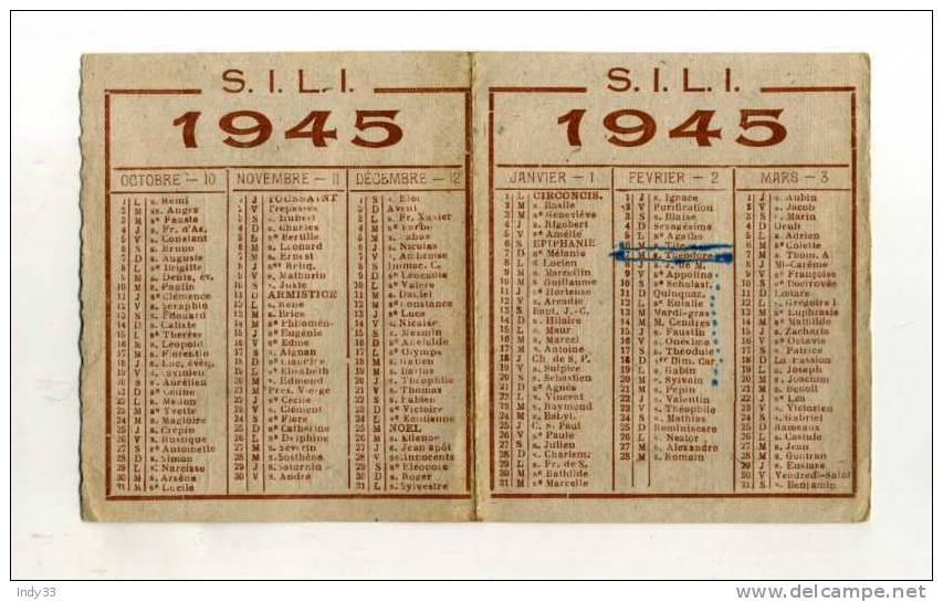 - PETIT CALENDRIER IMPRIMERIE LIBRAIRIE S.I.LI. 1945 - Small : 1941-60