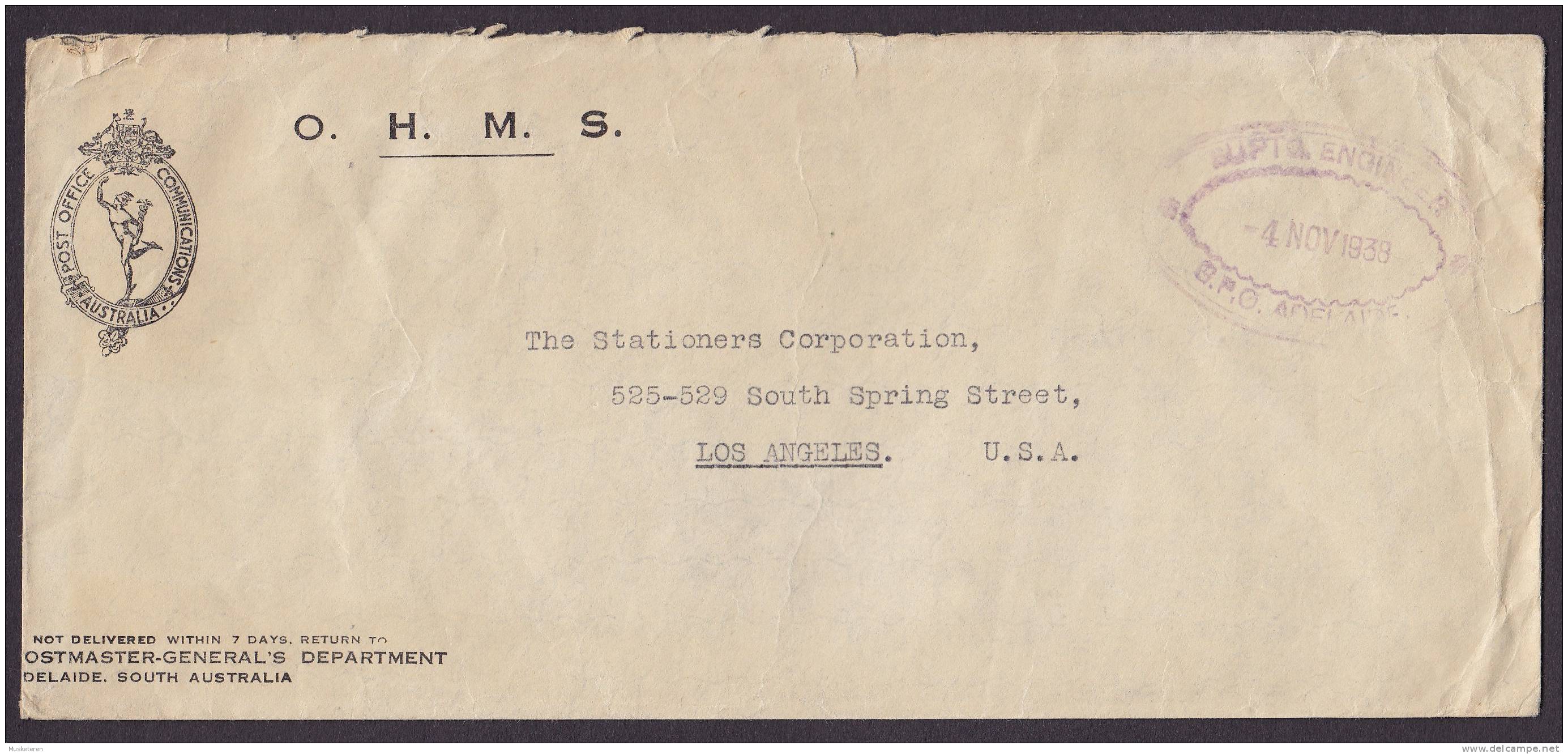 Australia Postmaster-General's Department ADELAIDE South Australia O.H.M.S. 1938 Stampless Cover To LOS ANGELES U.S.A. - Storia Postale