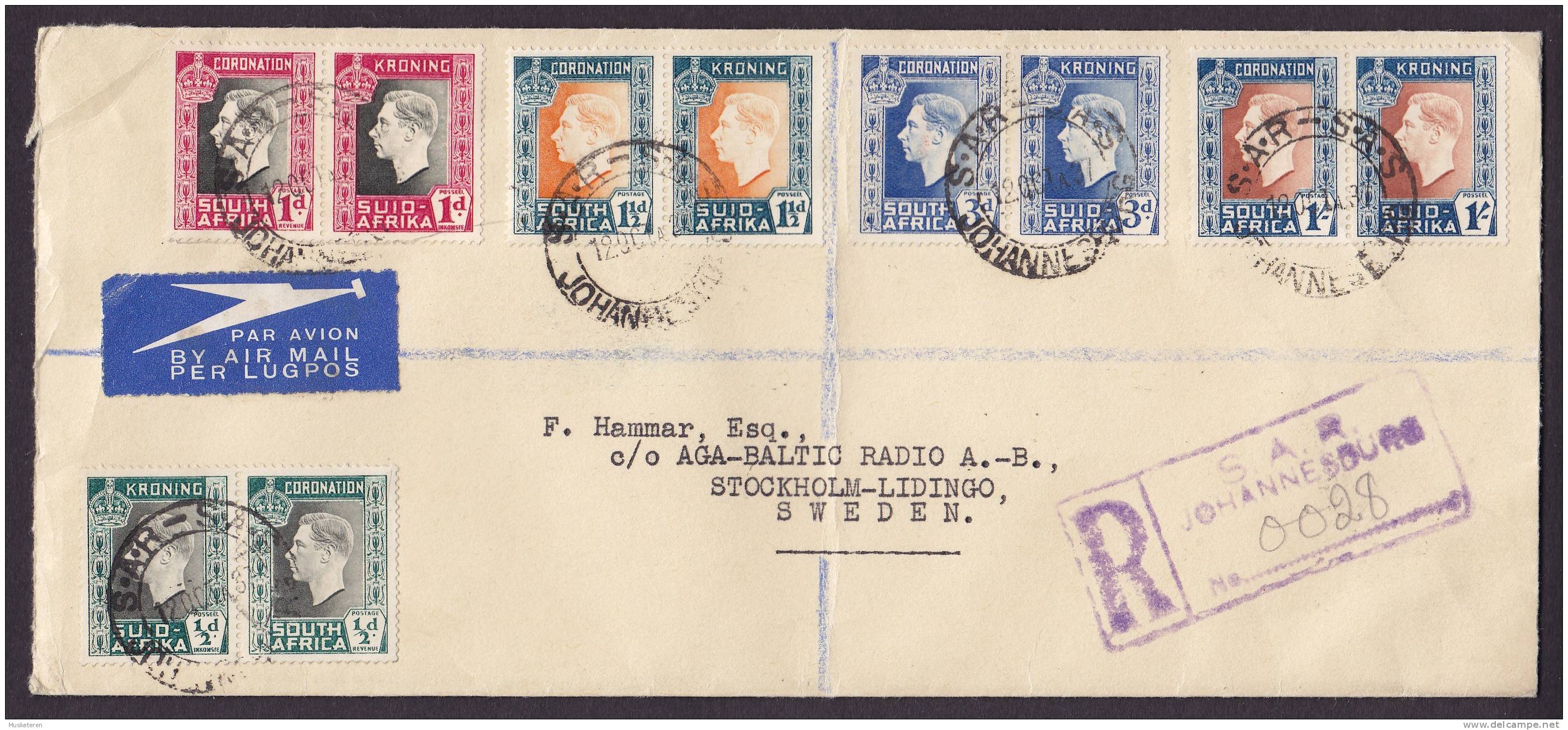 South Africa Airmail Par Avion Label JOHANNESBURG Registered 1937 Cover W. Complete Set Coronation Issue Pairs To Sweden - Brieven En Documenten