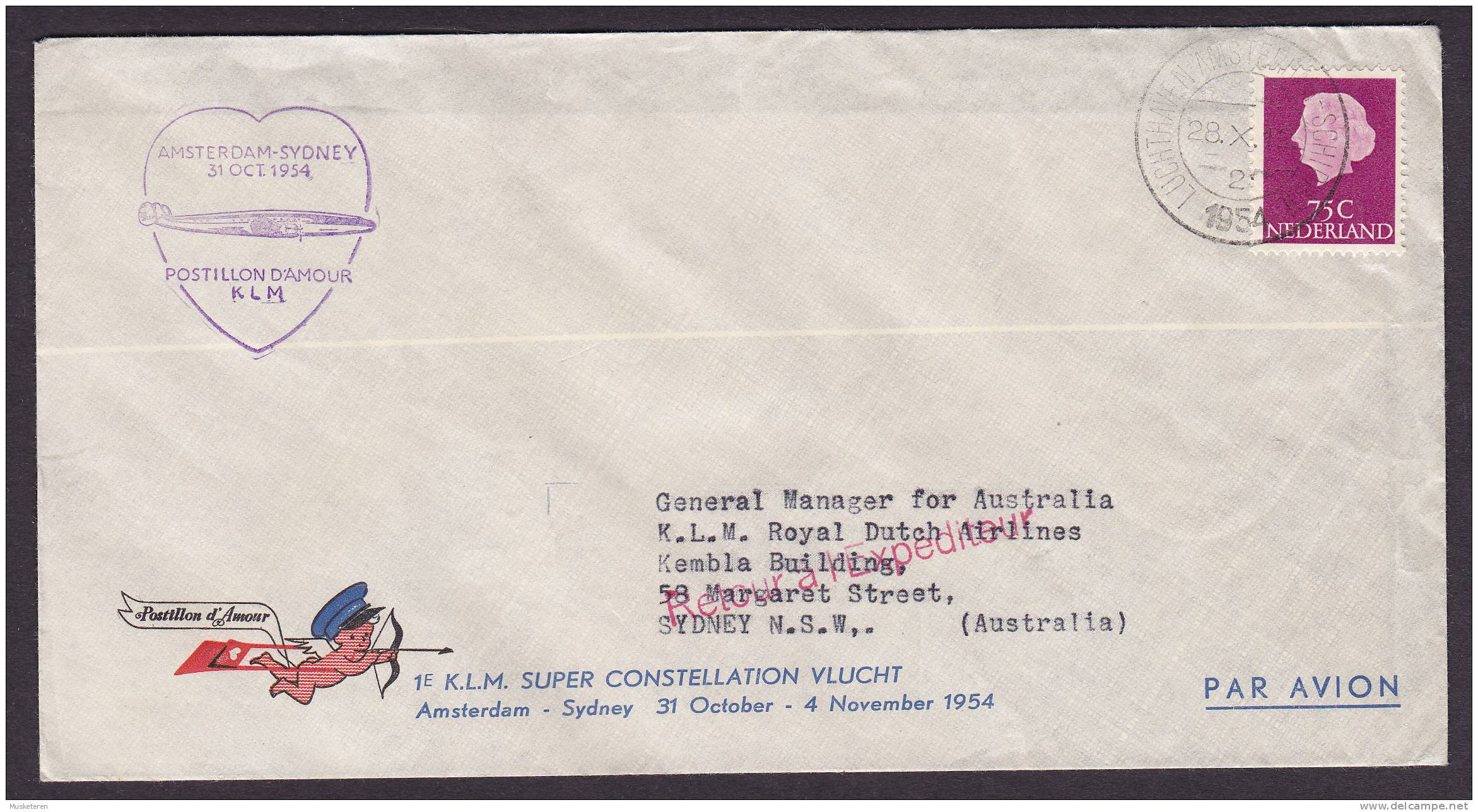 Netherlands 1e KLM Super Constellation Vlucht 1st Flight 1954 Cover AMSTERDAM - SYDNEY Australia - Posta Aerea