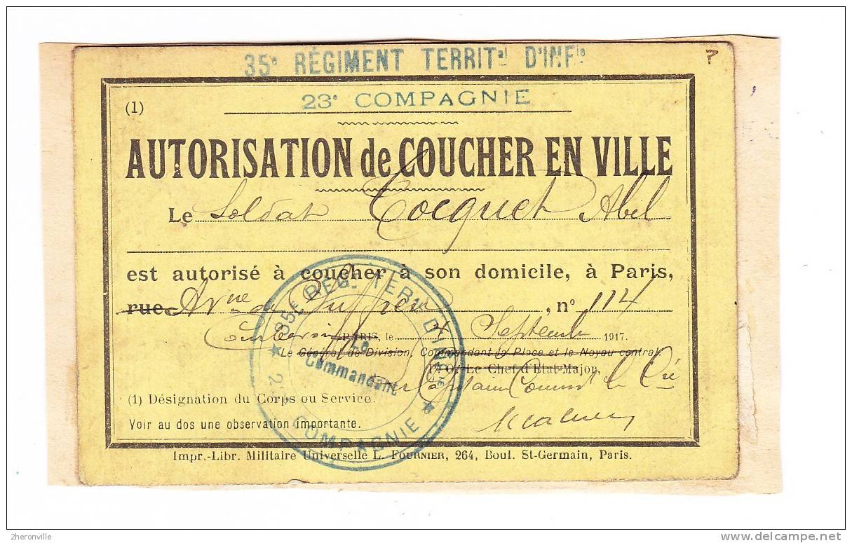 - Autorisation De Coucher En Ville - 35e Rgt Territorial D´ Infanterie - 23e Compagnie - 20e Section De Secrétaires - - 1914-18