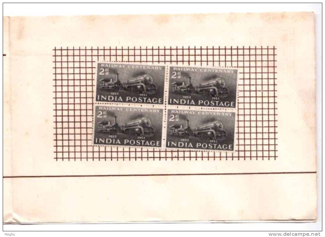 India 1953 Railway Centenery, Trains, Transport, Information Folder By Depat. Of Post, Block Of 4 Pasted, As Scan - Covers & Documents